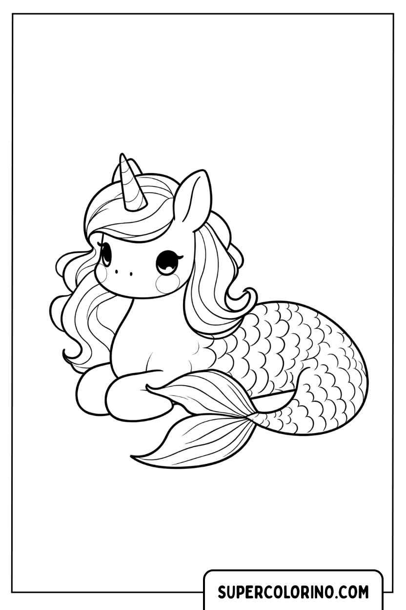 Coloriage d'un bébé licorne sirène allongé