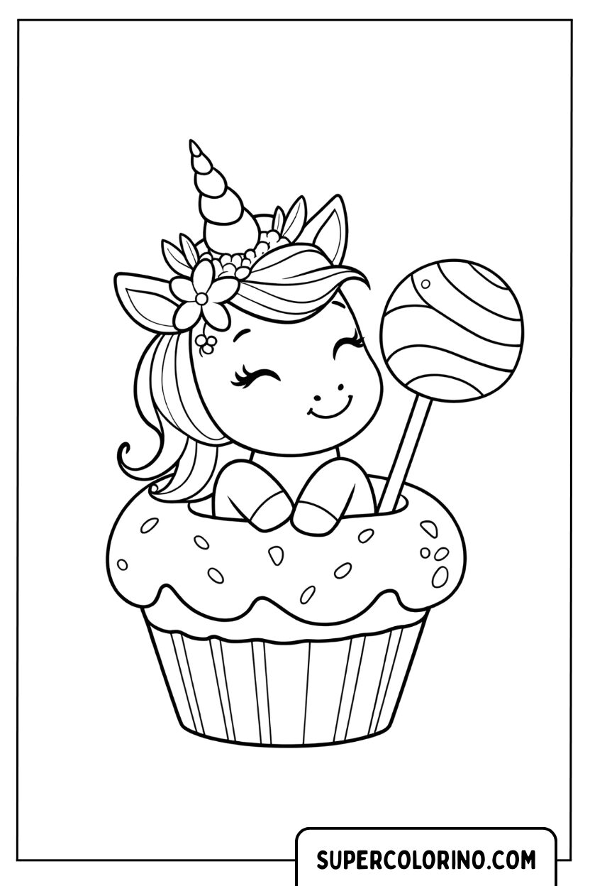 Disegno di un cupcake gigante con unicorno e lecca-lecca da colorare