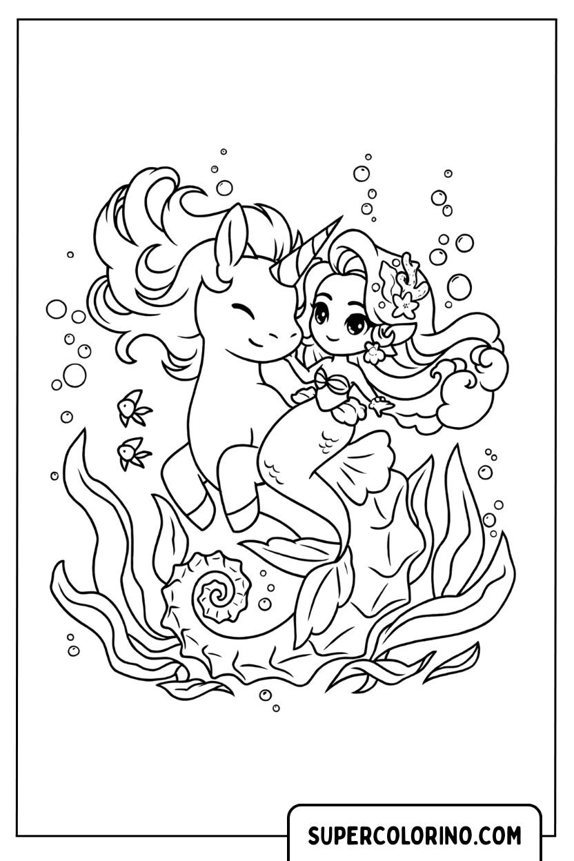 Coloriage d'une rencontre magique entre une sirène et une licorne sur les fonds marins
