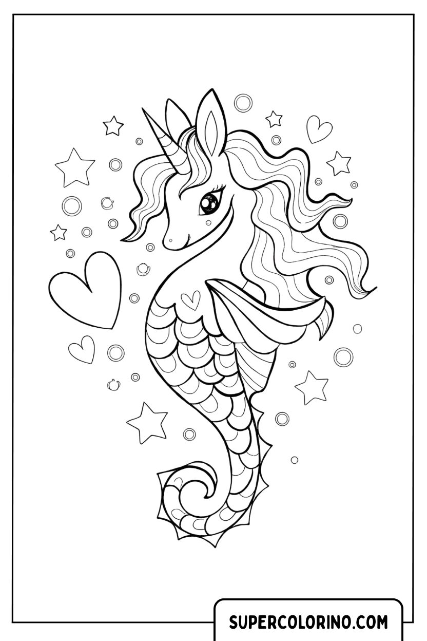 Coloriage d'un hippocampe licorne entouré de coeurs