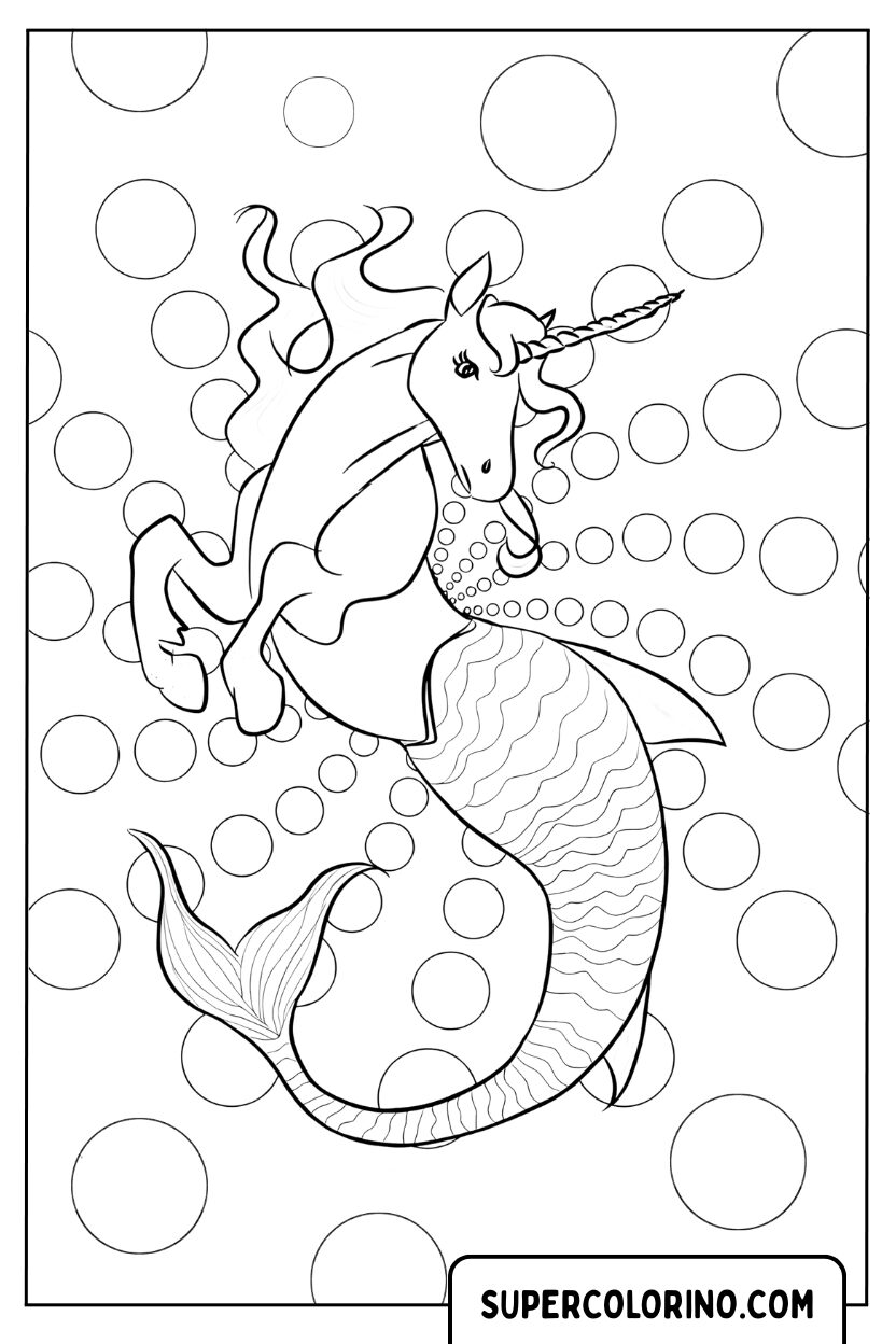 Coloriage d'une majestueuse licorne sirène parmi les bulles
