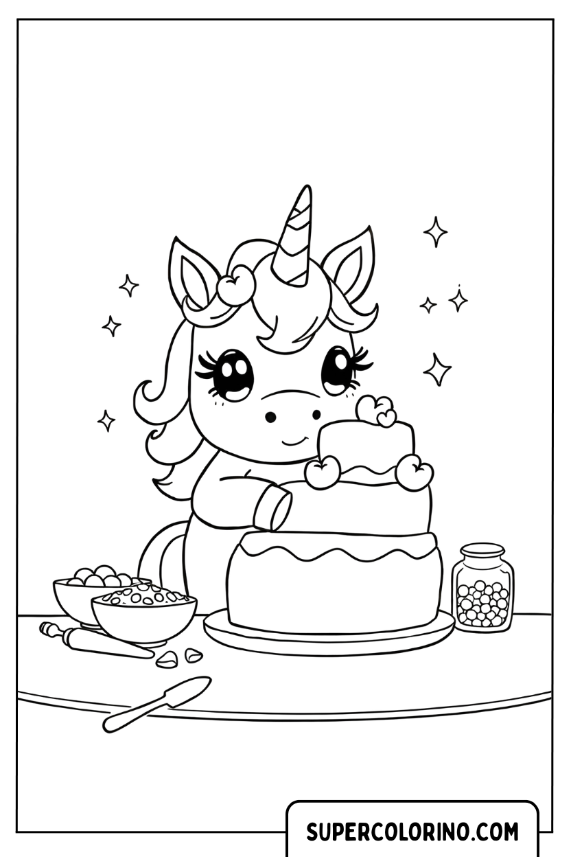 Disegno di un piccolo unicorno che prepara una torta da colorare