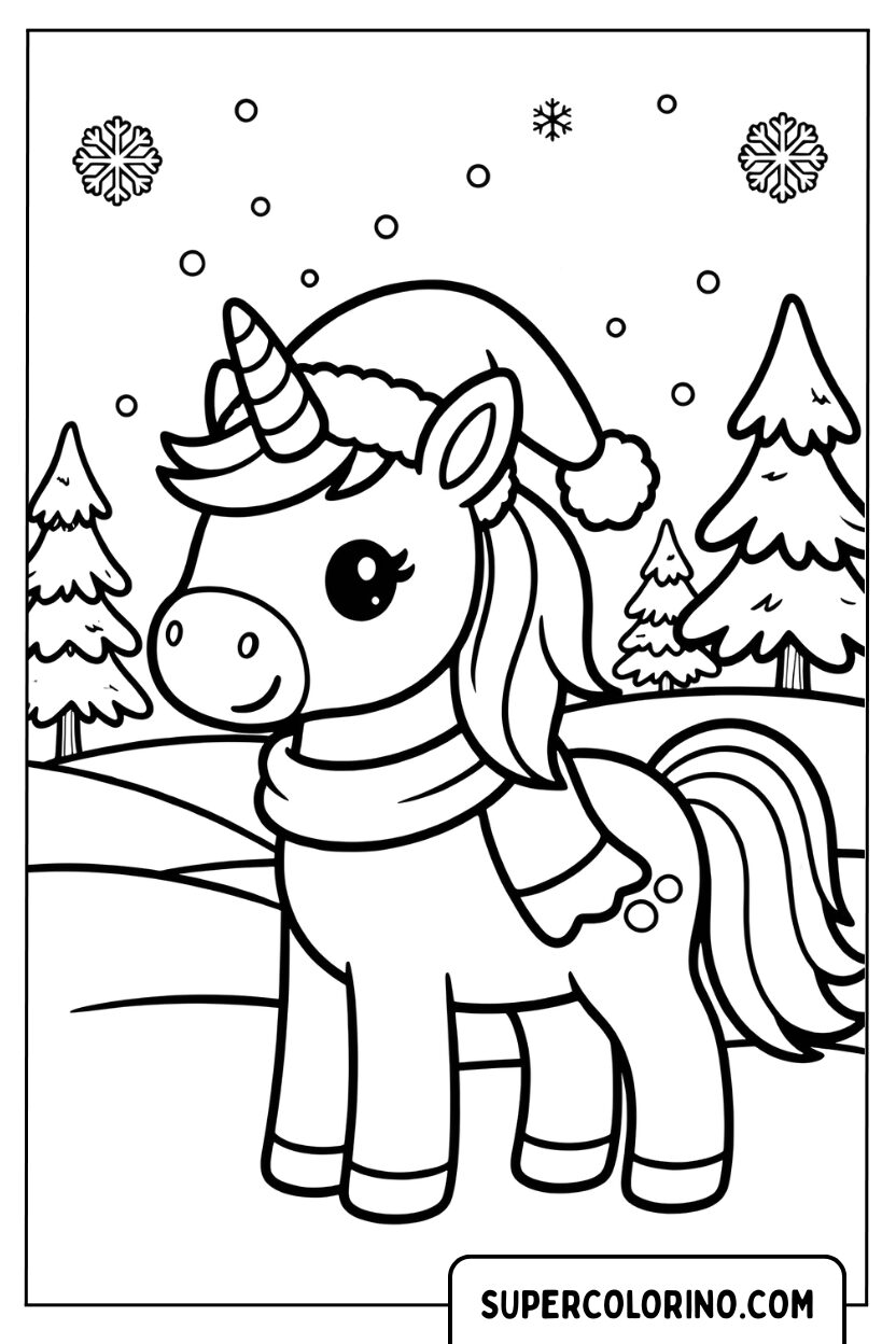 Disegno di un piccolo unicorno con sciarpa e cappello da colorare