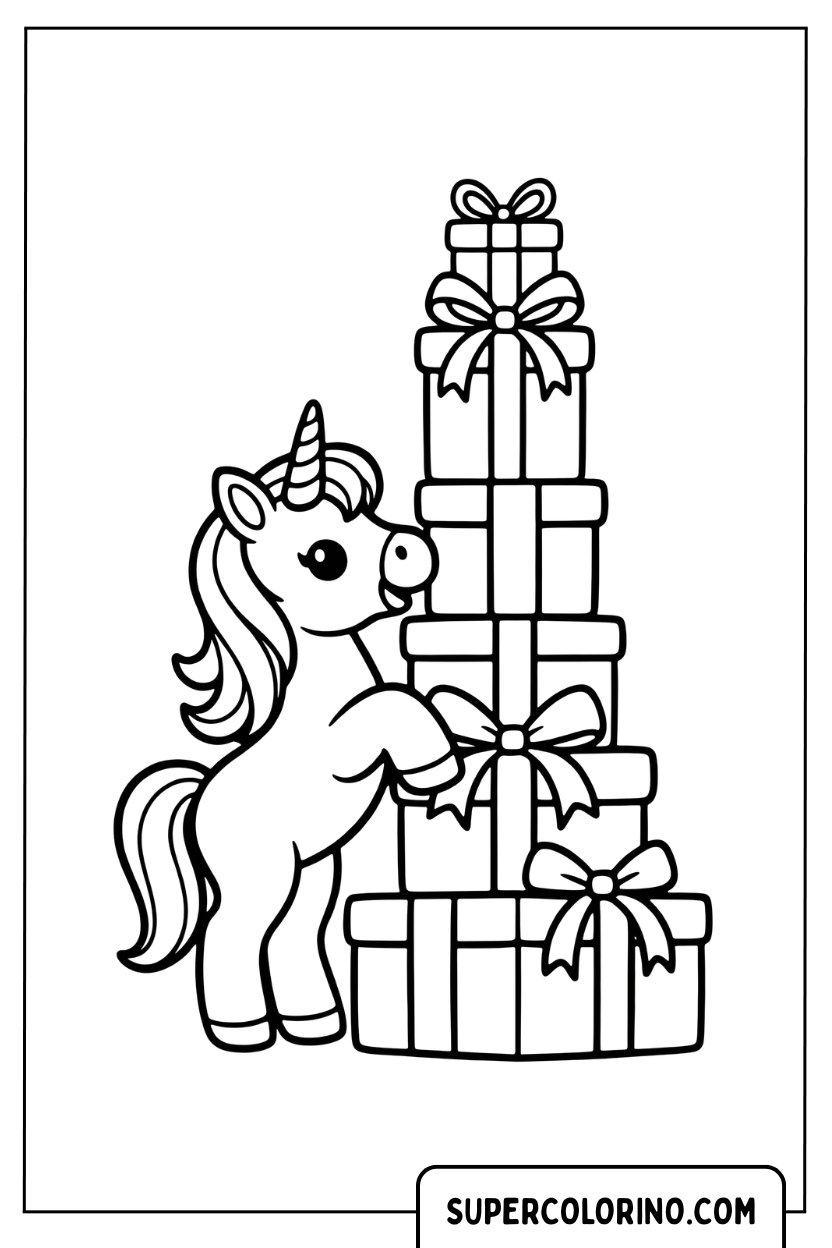 Disegno di un unicorno accanto a una torre di regali da colorare