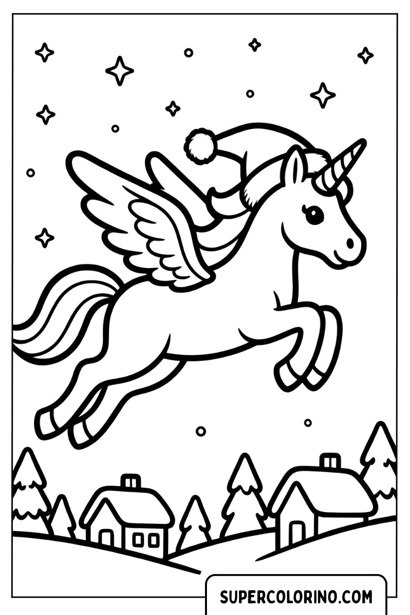 Disegno di un unicorno alato con cappello di Babbo Natale da colorare