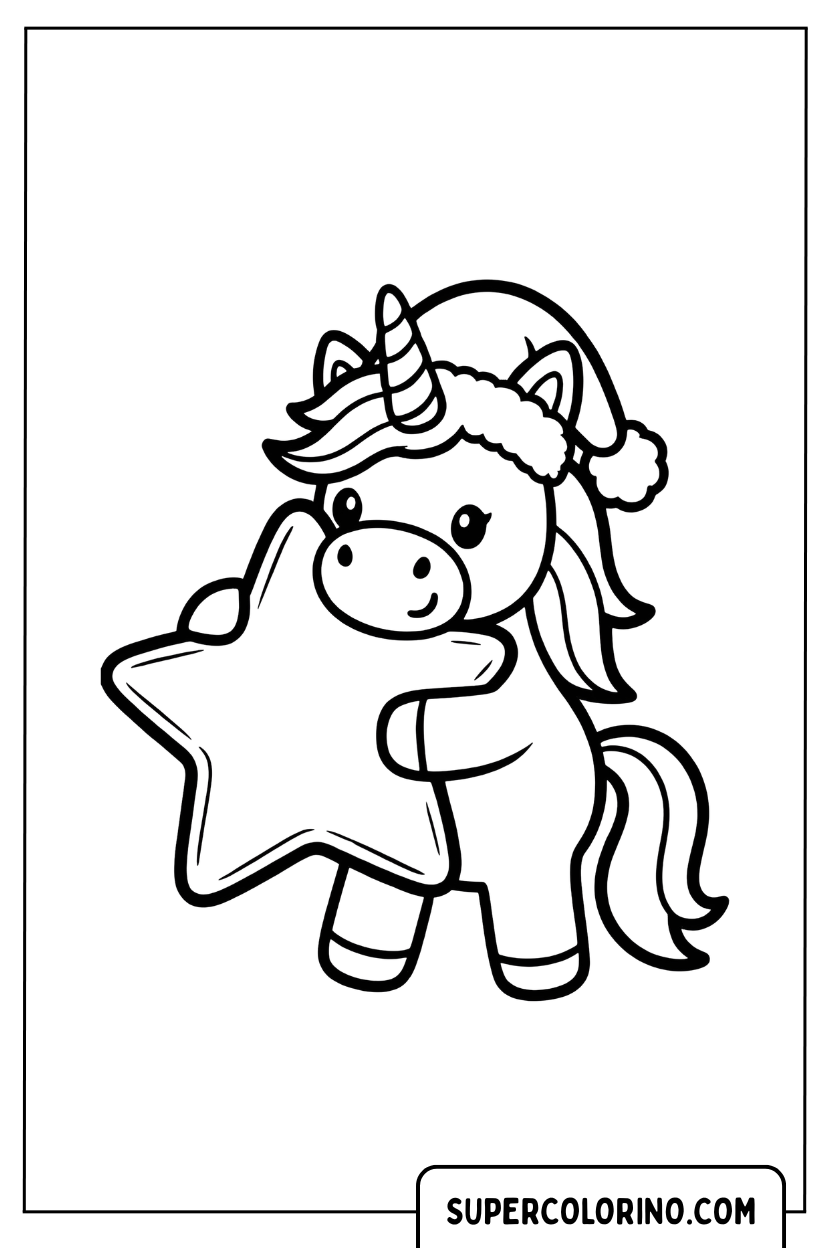 Disegno di un unicorno che abbraccia una stella di Natale da colorare