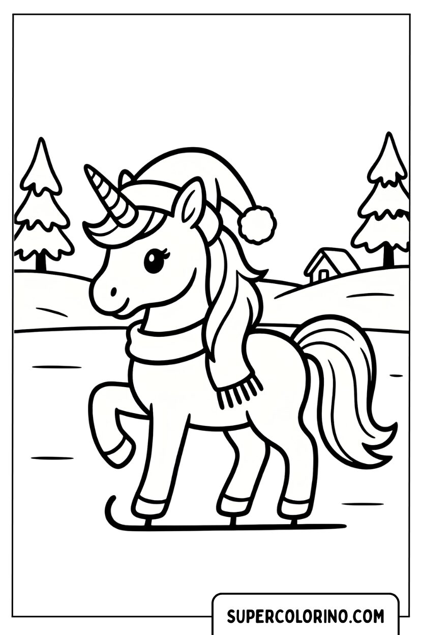 Disegno di un unicorno che pattina sul ghiaccio da colorare