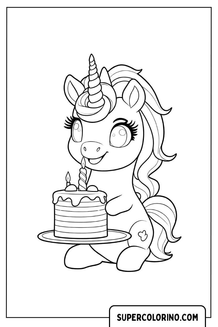Disegno di un unicorno che regge una torta di compleanno da colorare