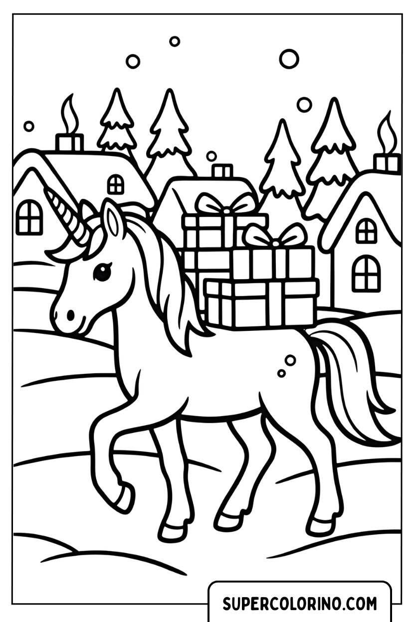 Disegno di un unicorno che trasporta regali di Natale da colorare