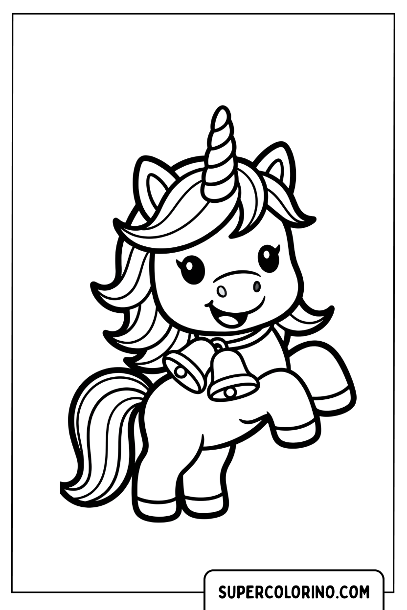 Disegno di un unicorno festoso con campanellini da colorare