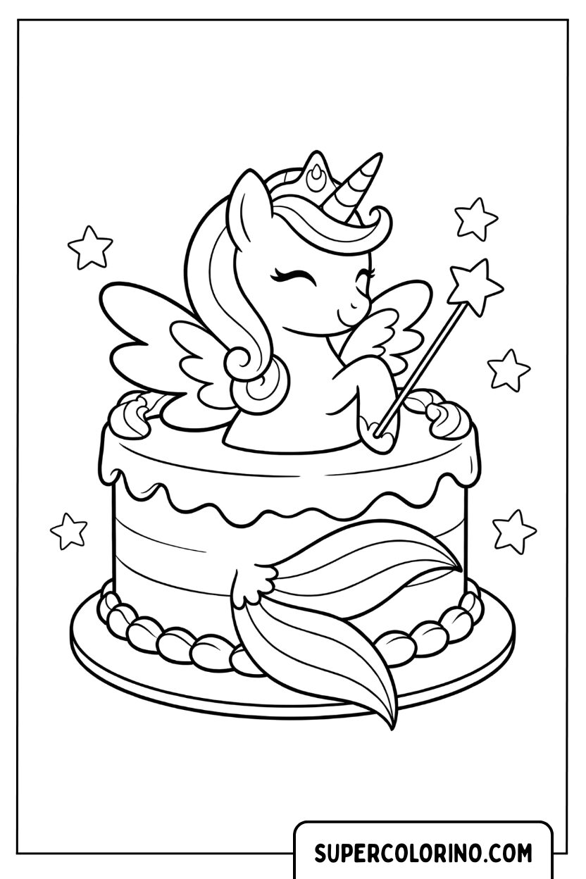 Disegno di un unicorno magico che spunta da una torta da colorare