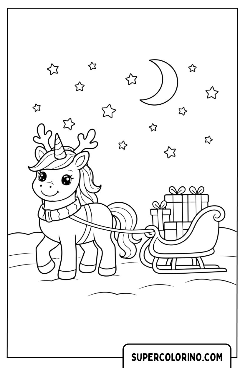 Disegno di un unicorno-renna con la slitta da colorare