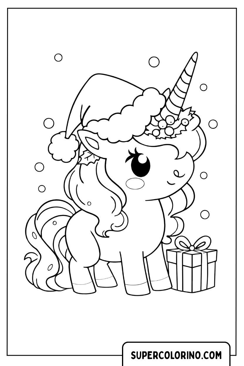 Disegno di un unicorno seduto accanto a un regalo da colorare