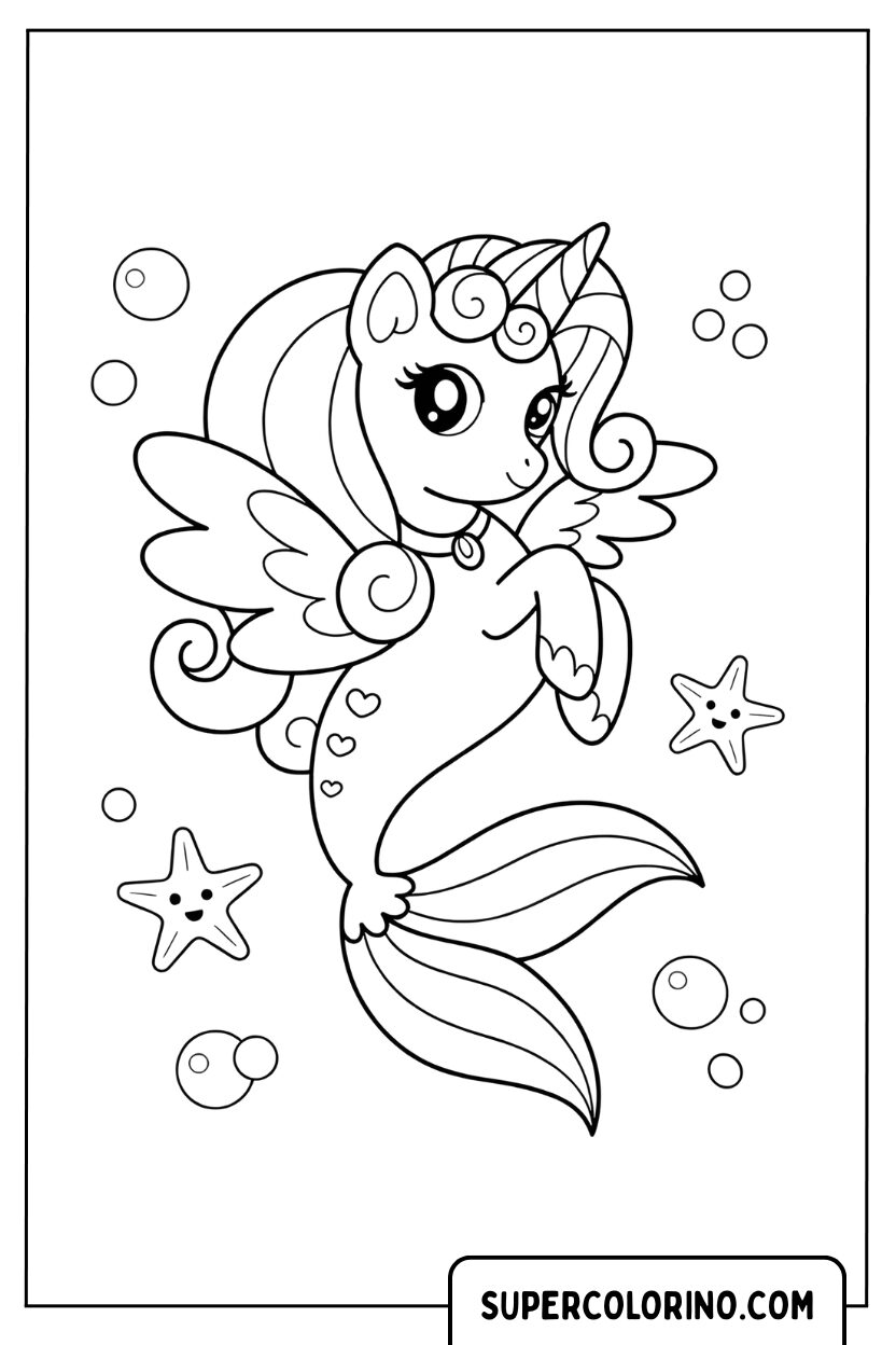 Coloriage d'une licorne sirène ailée parmi les étoiles de mer