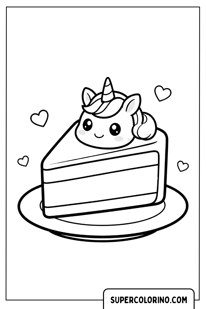 Disegno di una fetta di torta unicorno con cuoricini da colorare