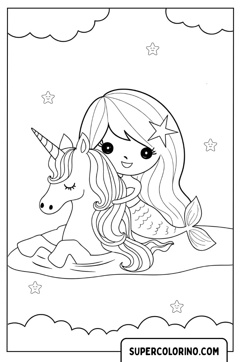 Coloriage d'une petite sirène chevauchant une licorne de mer