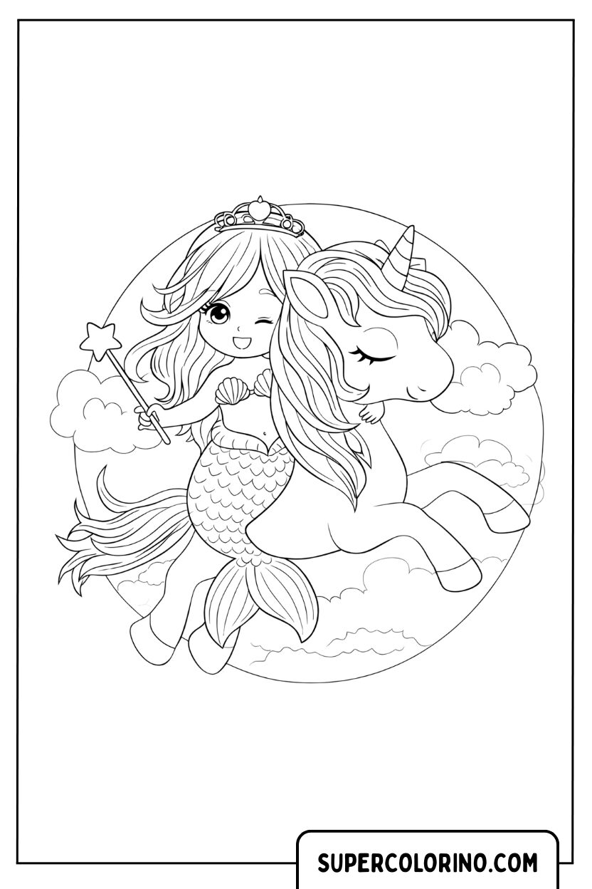 Coloriage d'une princesse sirène avec sa licorne magique