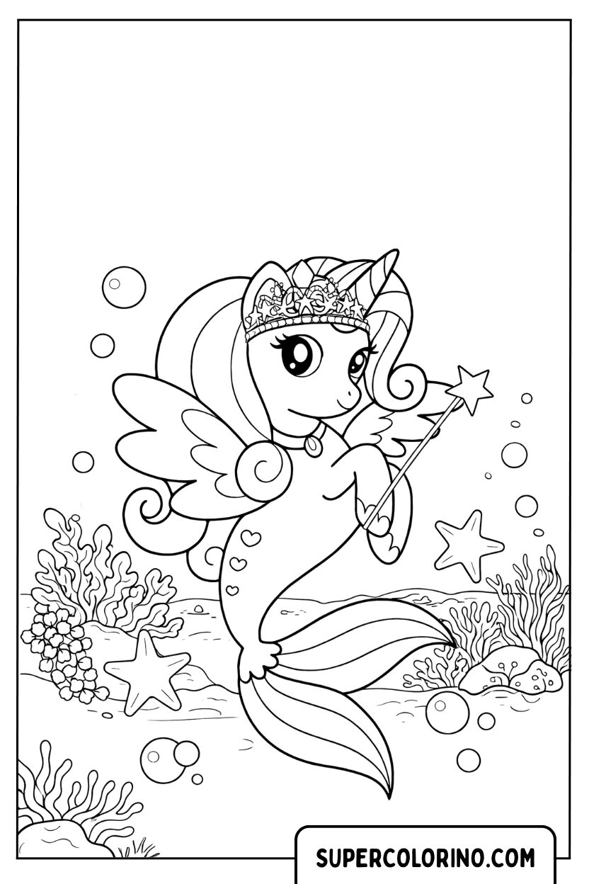 Coloriage d'une reine licorne sirène dans les récifs coralliens