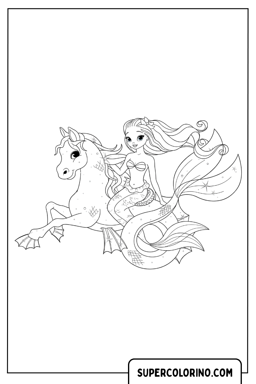 Coloriage d'une sirène et d'un hippocampe licorne