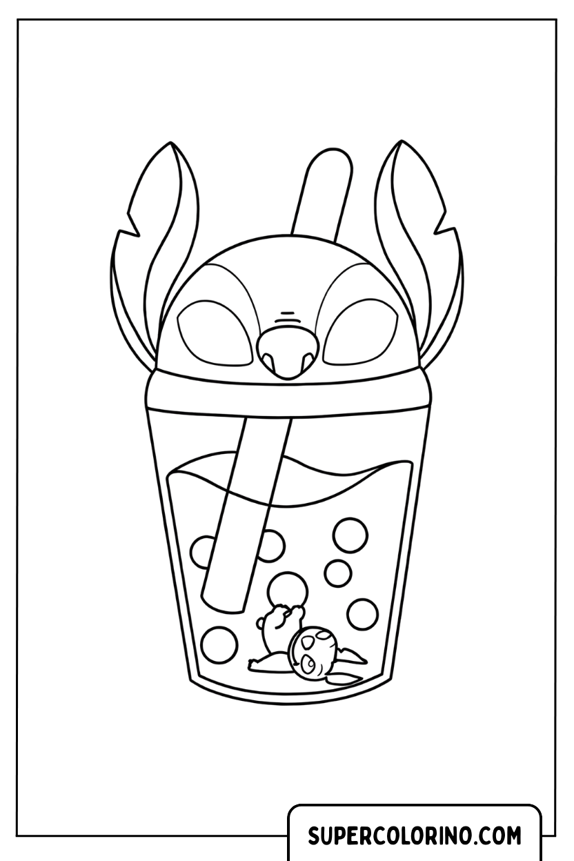 Kleurplaat van een kopje bubble tea in de vorm van Stitch