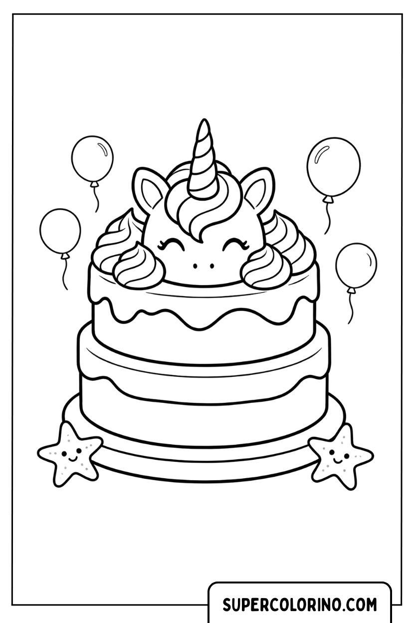 Disegno di una torta a due piani con unicorno e palloncini da colorare