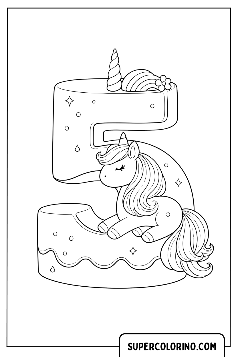 Disegno di una torta a forma di numero cinque con unicorno da colorare