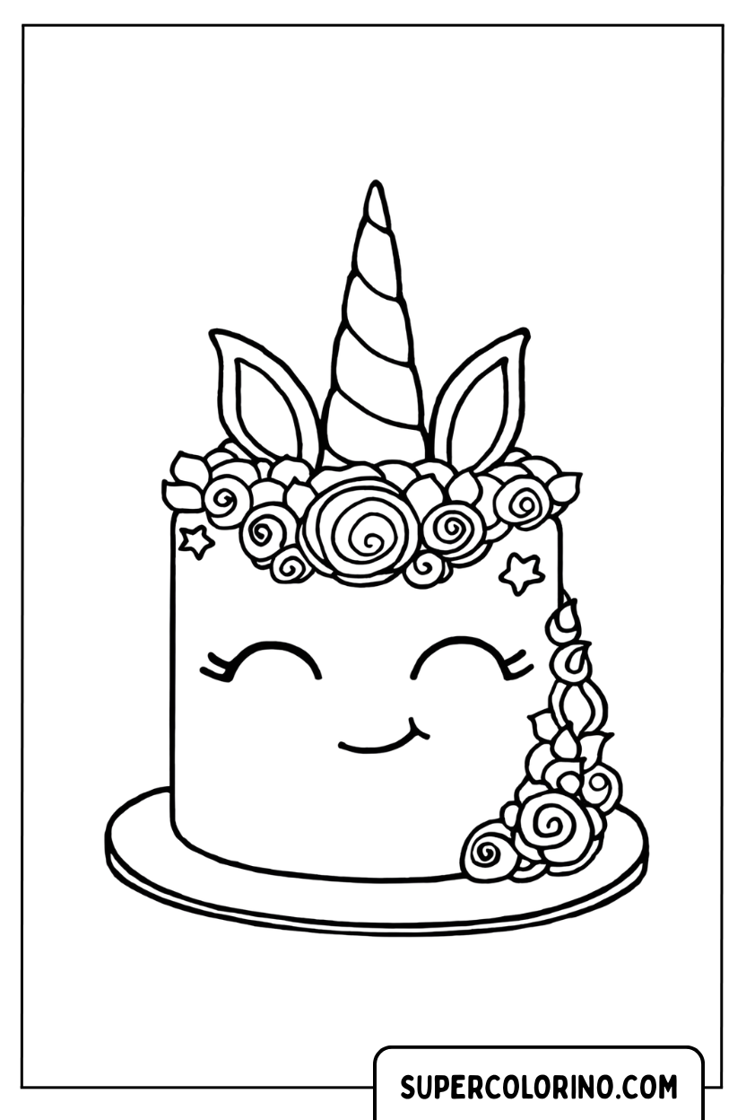 Disegno di una torta a forma di testa di unicorno con fiori da colorare