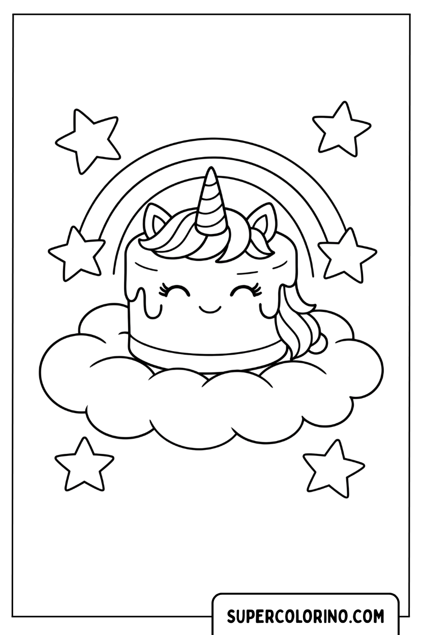 Disegno di una torta unicorno su una nuvola magica da colorare