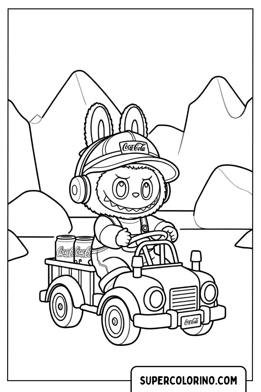 Labubu alla guida del camion Coca-Cola, disegno da colorare