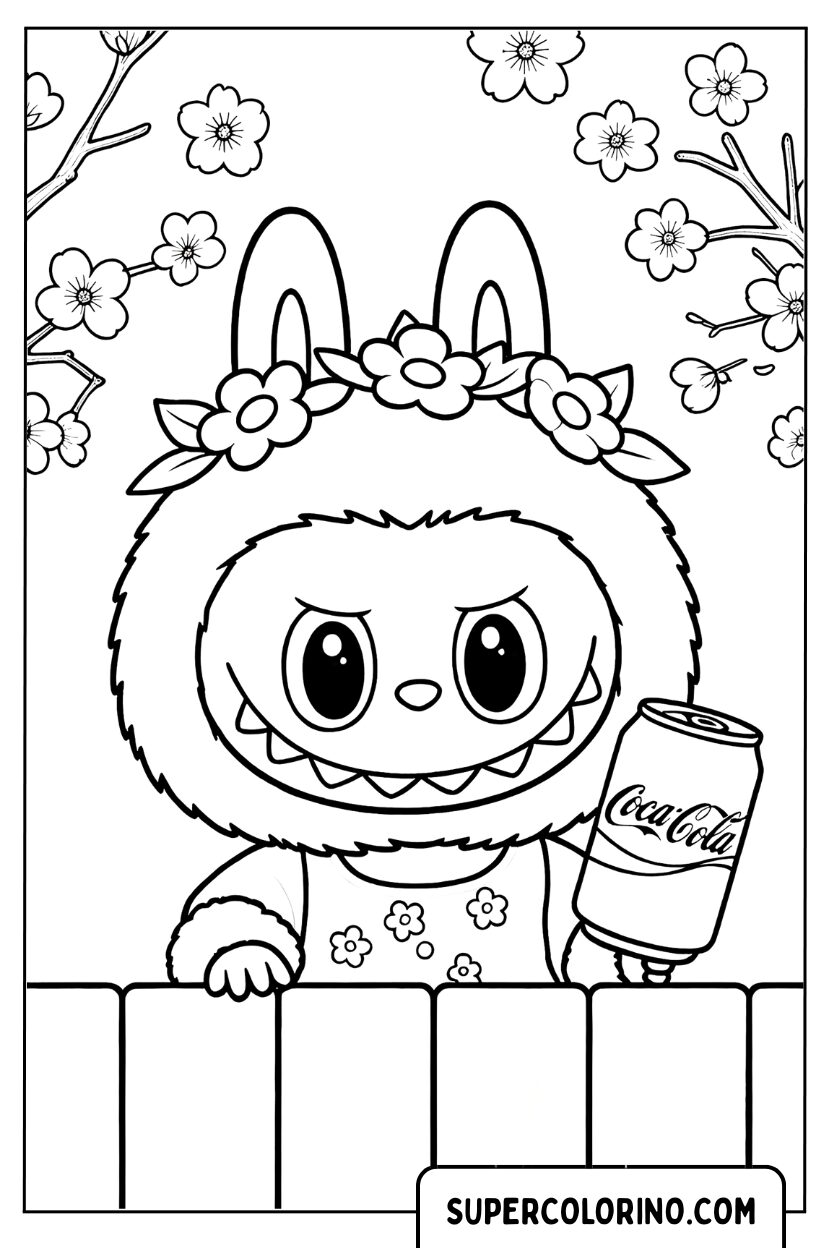 Labubu con corona di fiori e Coca-Cola, disegno da colorare