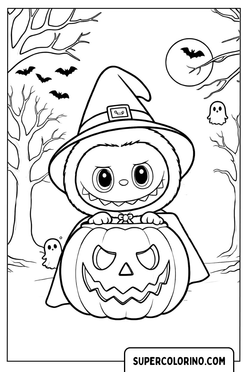 Labubu à l'intérieur d'une citrouille d'Halloween géante à colorier