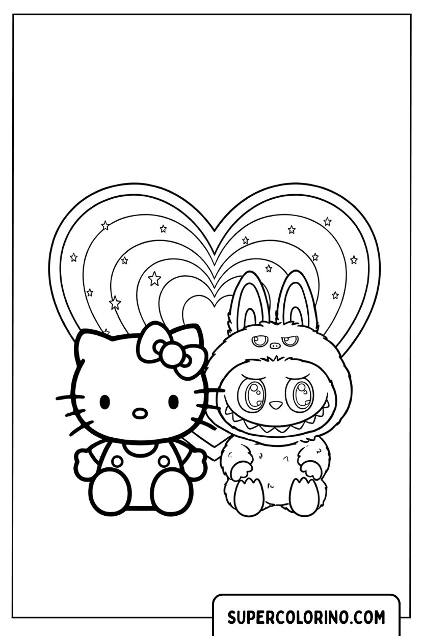 Labubu e Hello Kitty con sfondo a cuore da colorare