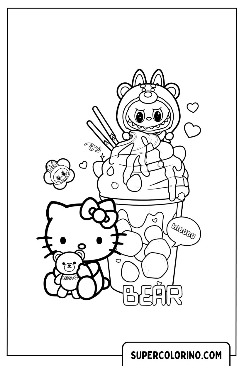 Labubu e Hello Kitty con un milkshake gigante da colorare
