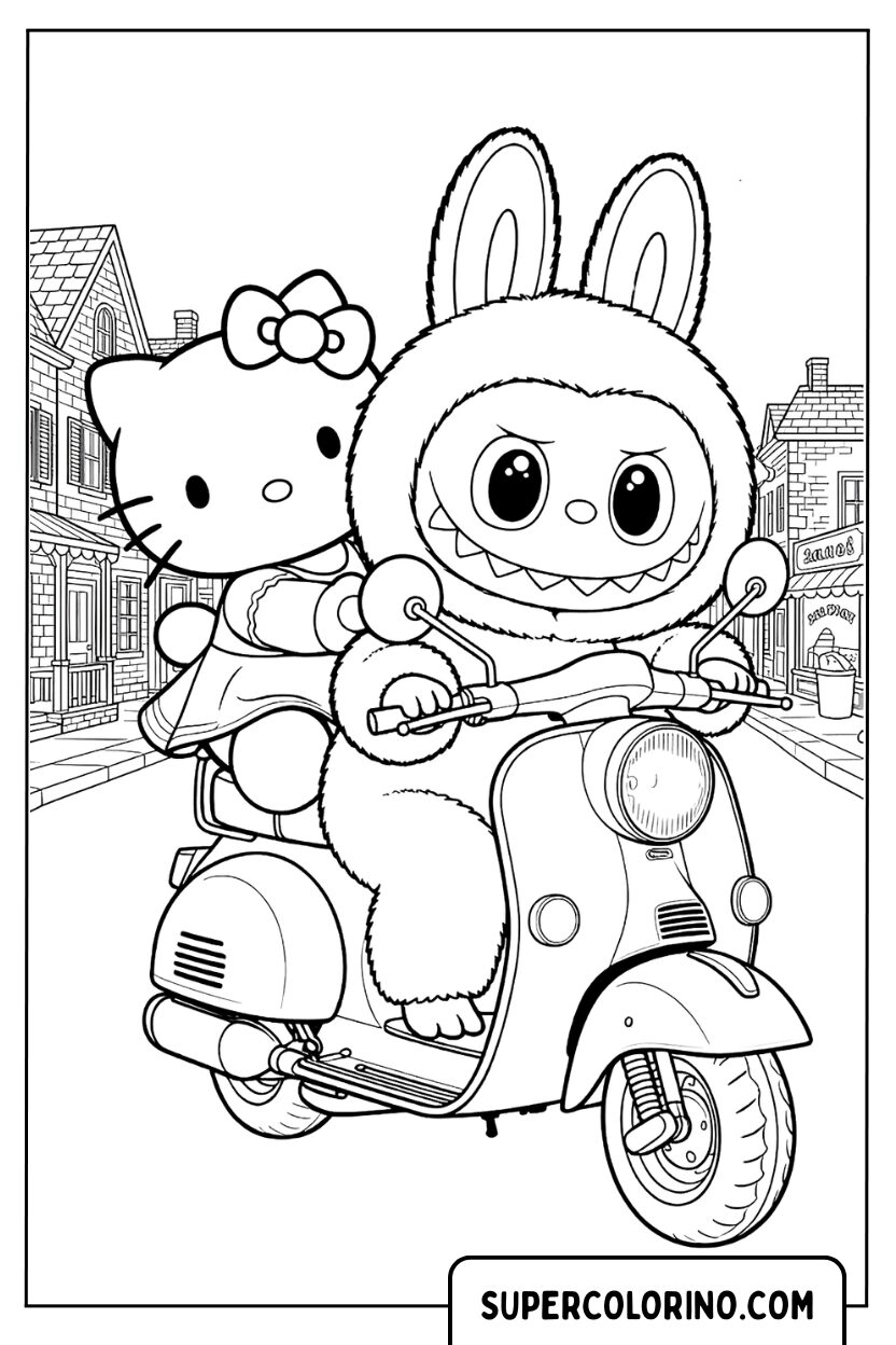 Labubu e Hello Kitty sulla Vespa, disegno da colorare
