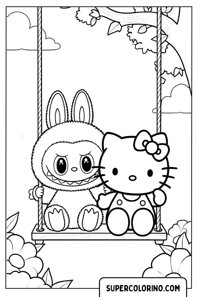 Labubu e Hello Kitty sull'altalena, disegno da colorare