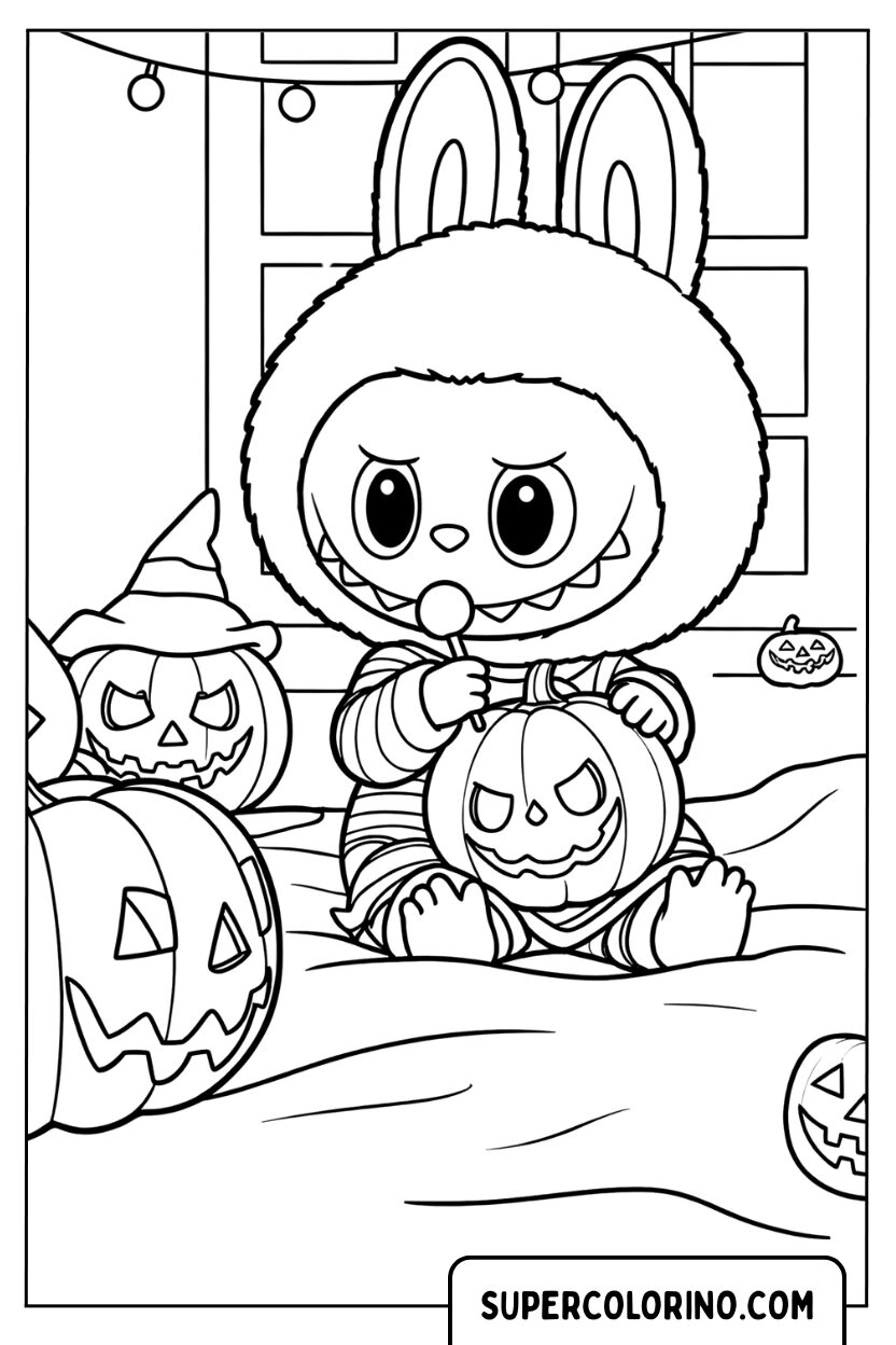 Labubu et les citrouilles hantées d'Halloween à colorier