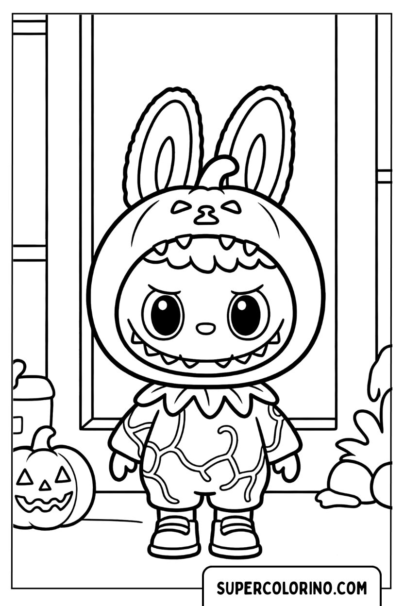 Labubu en costume de citrouille d'Halloween à colorier