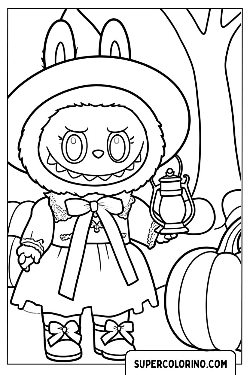 Labubu dans la forêt enchantée d'Halloween à colorier