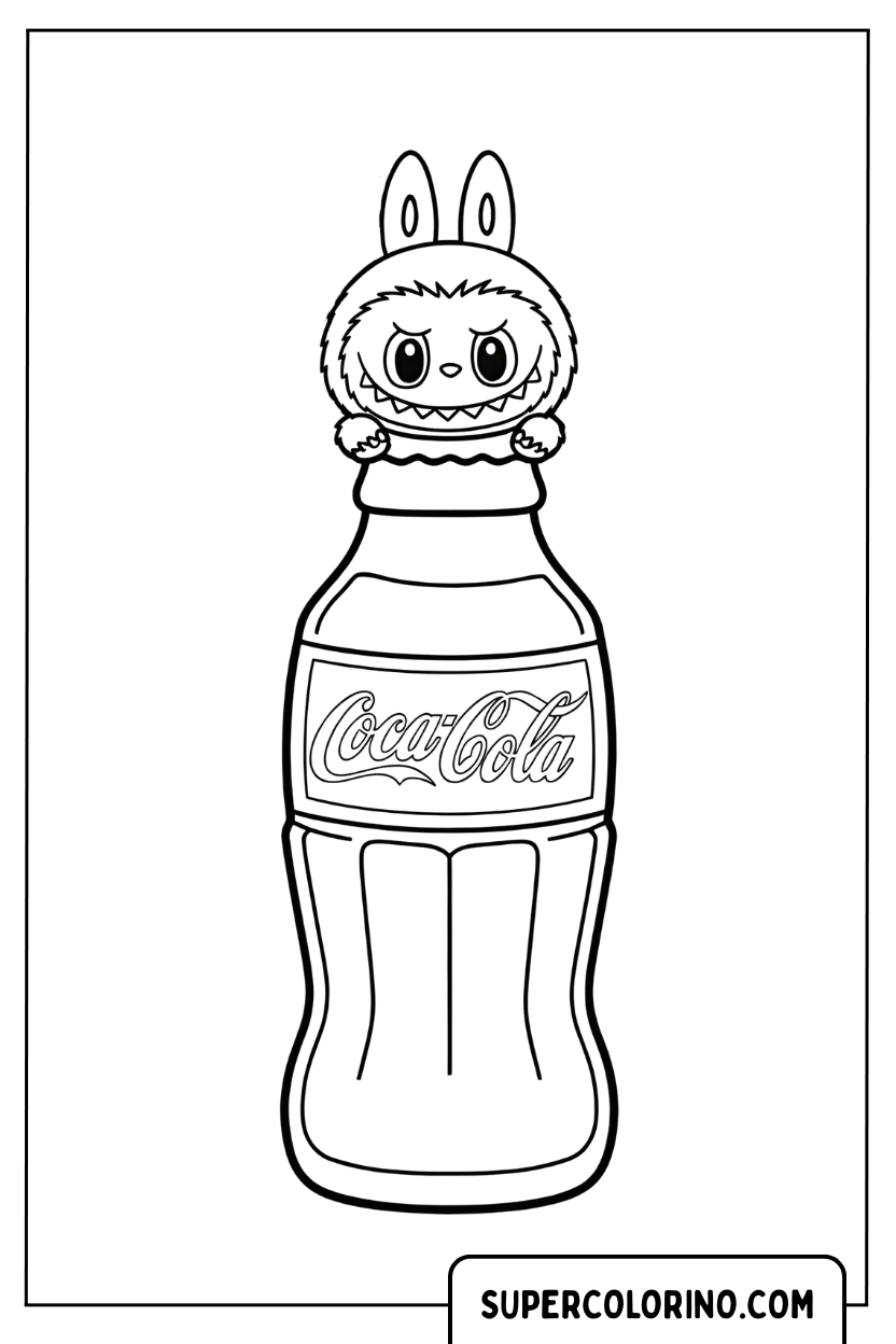Labubu sopra la bottiglia di vetro Coca-Cola, disegno da colorare