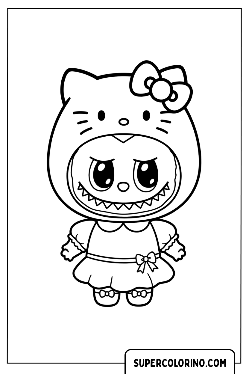 Labubu vestito da Hello Kitty, disegno da colorare