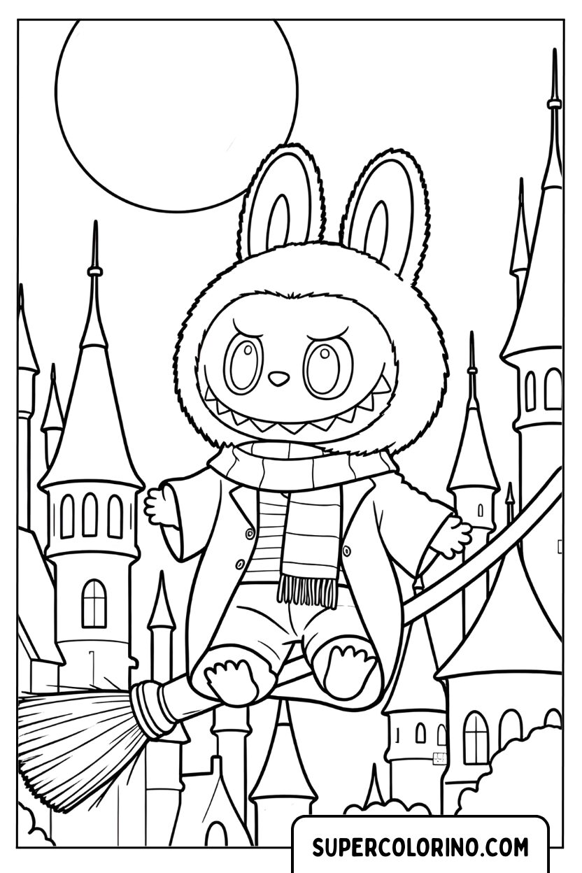 Coloriage Labubu vole sur le balai magique à Halloween